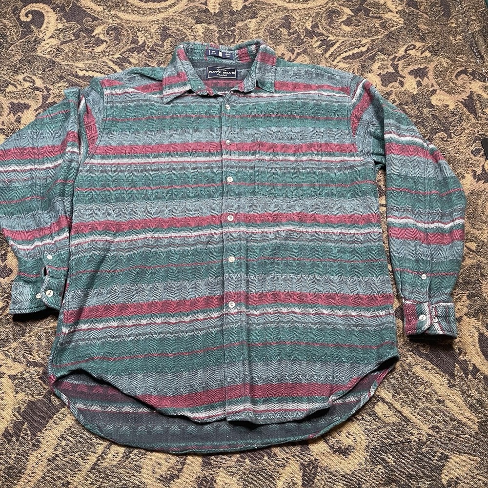 Vtg 90s Navy Blue Textured striped Button Up Shirt Mens Size Large Green Red